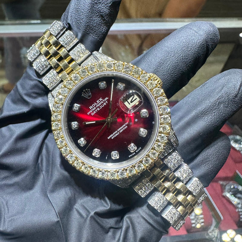 Rolex DateJust 36mm | Two Tone Yellow Gold | Red Ombre Diamond Dial | Iced Out 71572
