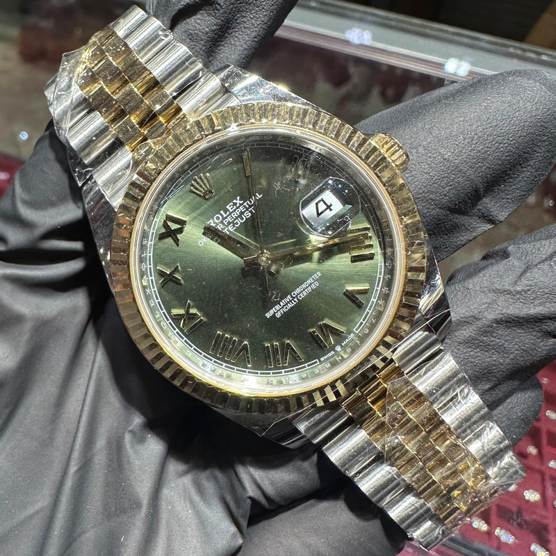 Rolex DateJust 41mm two-tone gold watch with green Roman numeral dial and date display.