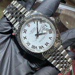 Rolex DateJust 41mm stainless steel watch with white Roman numeral dial and jubilee bracelet.