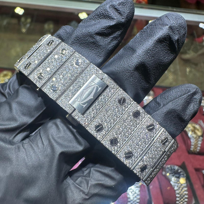 Cartier Santos 43mm stainless steel watch bracelet fully iced with diamond pave detailing.