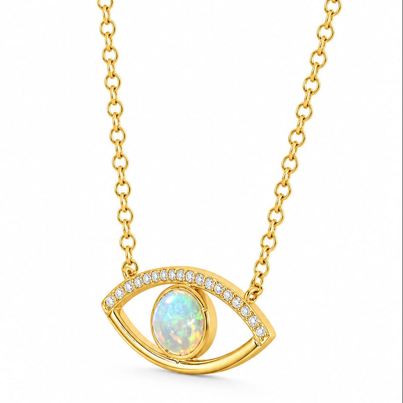 Evil eye necklace with natural opal center and natural diamond accents