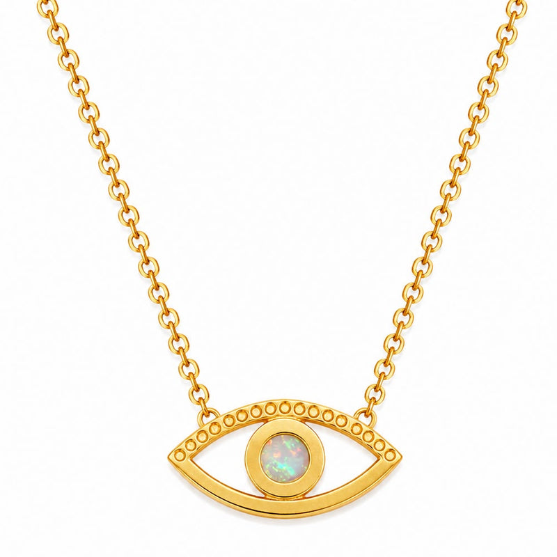 Evil eye necklace with natural opal center and natural diamond accents