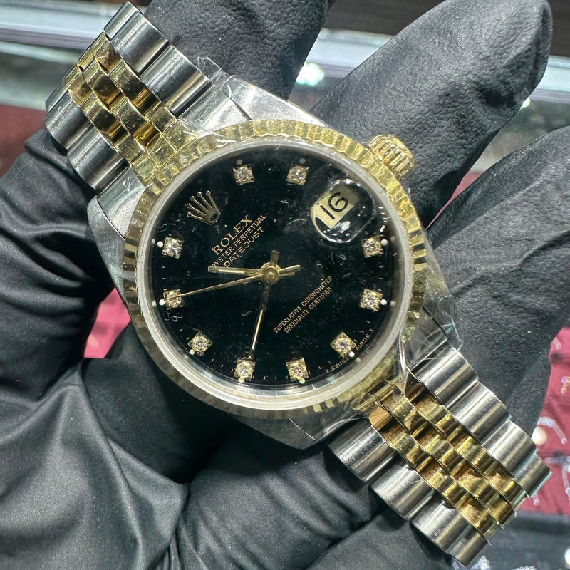 1987 Rolex Lady Datejust 31mm | Two-Tone Stainless Steel and 18K Yellow Gold | Black Diamond Dial | REF: 68273