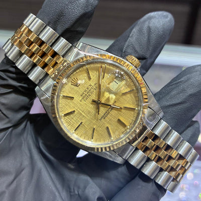 Rolex Datejust 36mm | Two Tone Yellow Gold | Champagne Linen Stick Dial