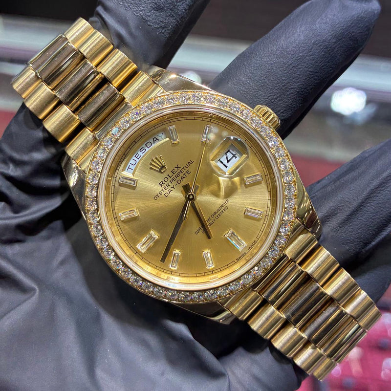 2020 Rolex Day-Date 40mm | 18K Yellow Gold | Factory Diamond Bezel and Champagne Baguette Dial