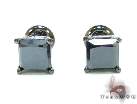 Black gold stud earrings with princess cut black diamonds in four-prong setting