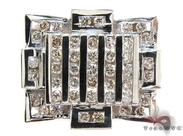 White gold men's crown ring with round cut channel-set diamonds in geometric design.
