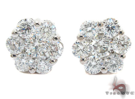 14K white gold cluster earrings with prong-set round diamonds