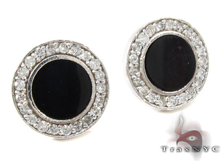 10K White Gold Round Cut Prong Diamond Onyx Earrings, photo 2 of 6