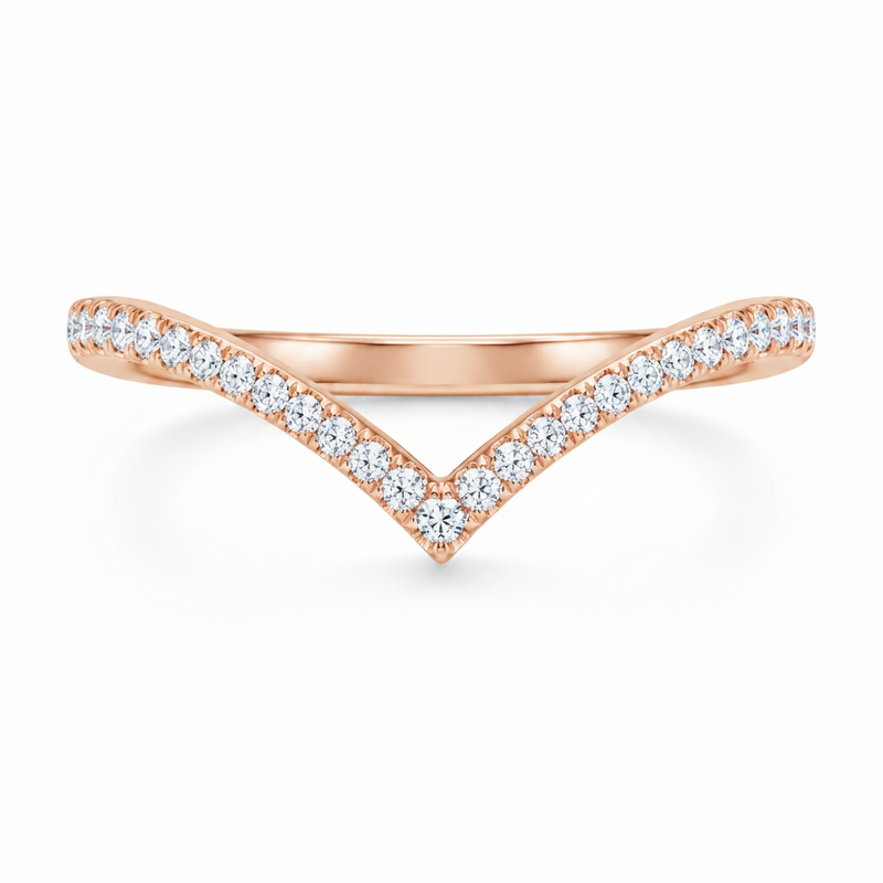 14k rose gold chevron wedding band with pave diamonds