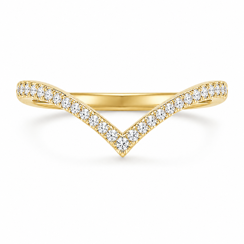 14k yellow gold chevron wedding band with pave diamonds