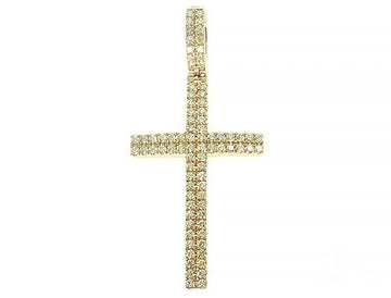 14K yellow gold cross pendant with two rows of sparkling diamonds, men's jewelry.