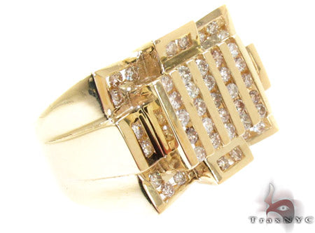 Yellow gold men's ring with round cut channel diamonds and geometric crown design