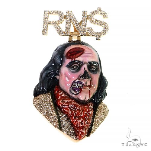 Custom men's zombie Ben Franklin gold pendant – front-facing high-relief portrait detail in 10k yellow gold