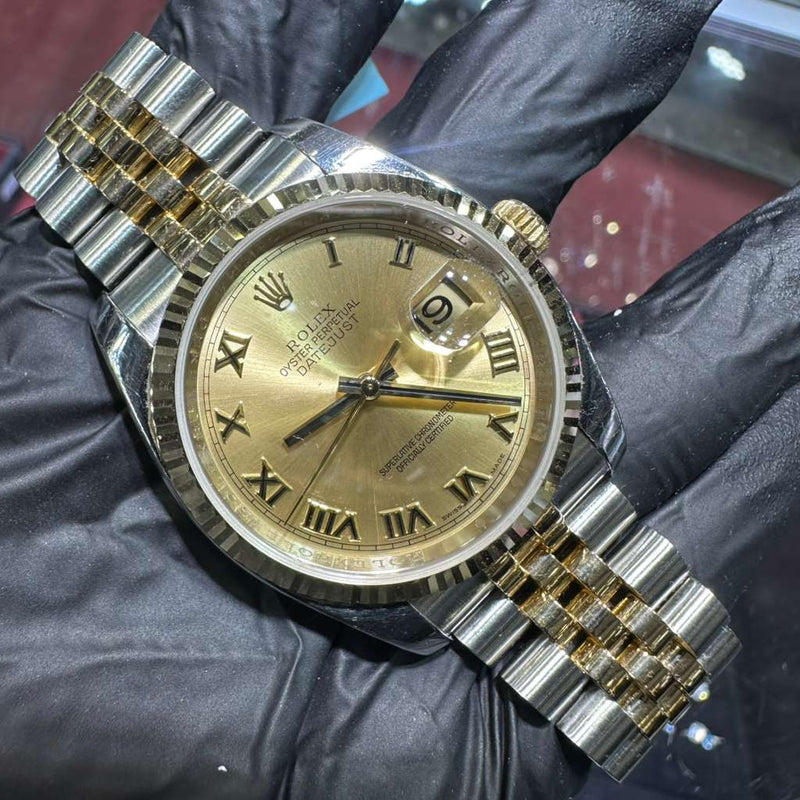 Rolex DateJust 36mm | Two Tone Yellow Gold | Champagne Roman Dial | 116233