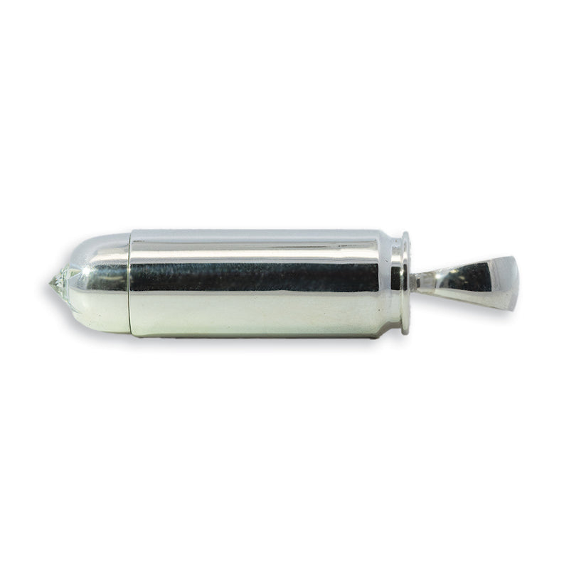 Silver bullet pendant with diamond tip and polished finish, men's stylish jewelry accessory.