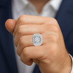 925 silver men's ring with cluster diamonds and intricate filigree detailing.