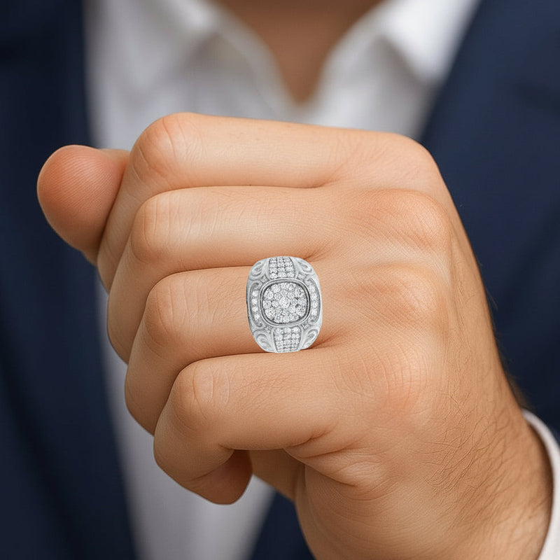 925 silver men's ring with cluster diamonds and intricate filigree detailing.