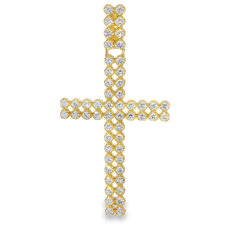 Double Row Diamond Cross Pendant 71300 - gold cross pendant with round diamonds on white background