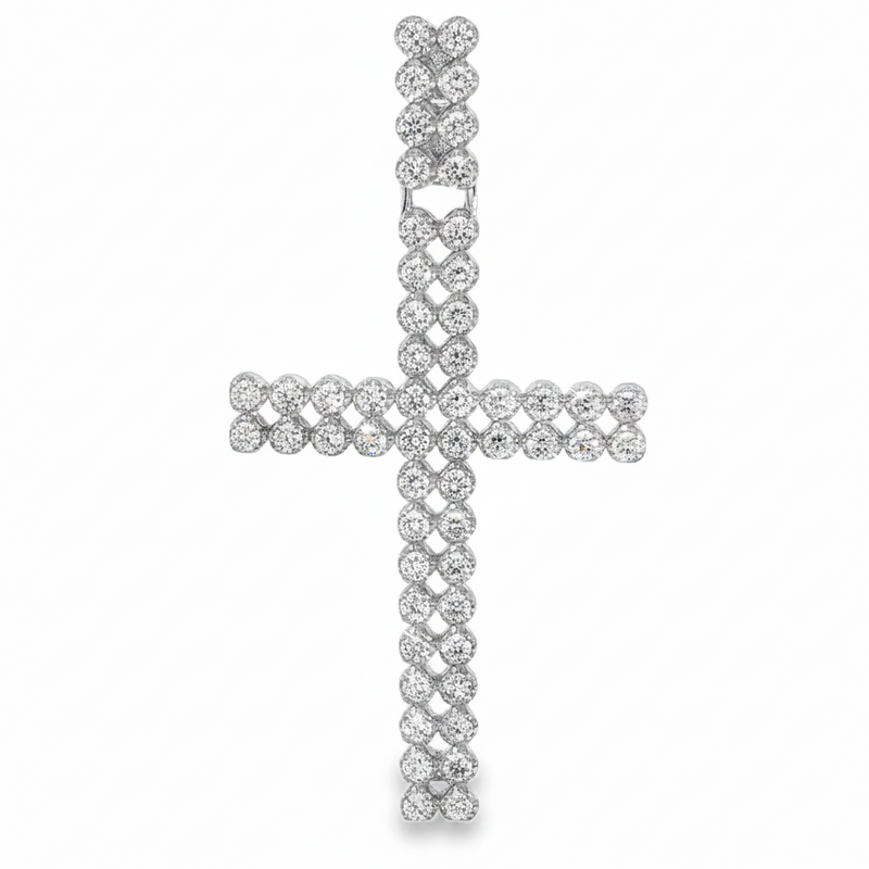 Double Row Diamond Cross Pendant 71300 - white gold cross pendant with round diamonds on white background