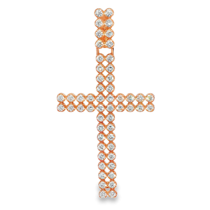 Double Row Diamond Cross Pendant 71300 - rose gold cross pendant with round diamonds on white background