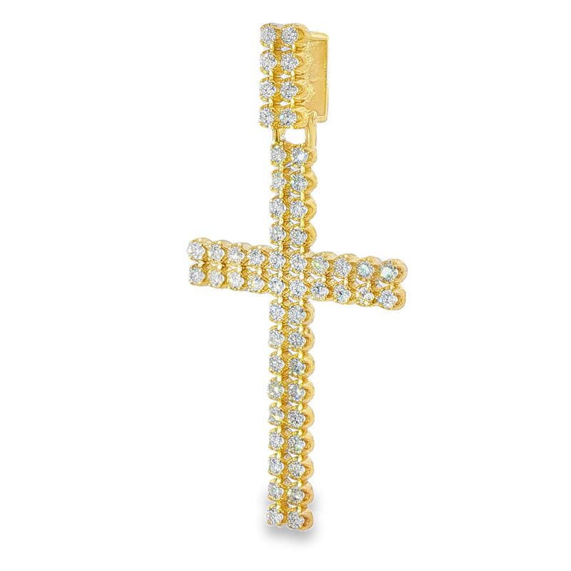 Double Row Diamond Cross Pendant 71300 - gold cross pendant side view showing double row diamond design on white background
