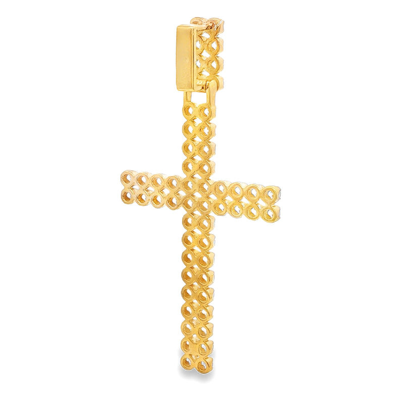 Double Row Diamond Cross Pendant 71300 - gold cross pendant back view showing openwork lattice design on white background