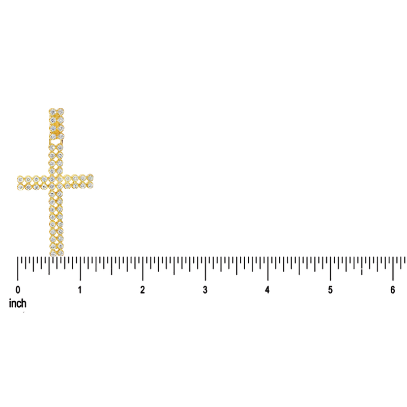 Double Row Diamond Cross Pendant 71300 - gold diamond cross pendant with ruler showing size dimensions on white background