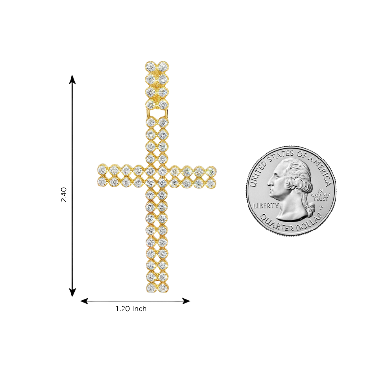 Double Row Diamond Cross Pendant 71300 - gold diamond cross pendant with dimension measurements 2.4x1.2 inch and quarter dollar coin for scale on white background