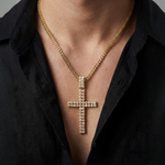 Double Row Diamond Cross Pendant 71300 - gold diamond cross pendant on chain necklace worn by model on black shirt background
