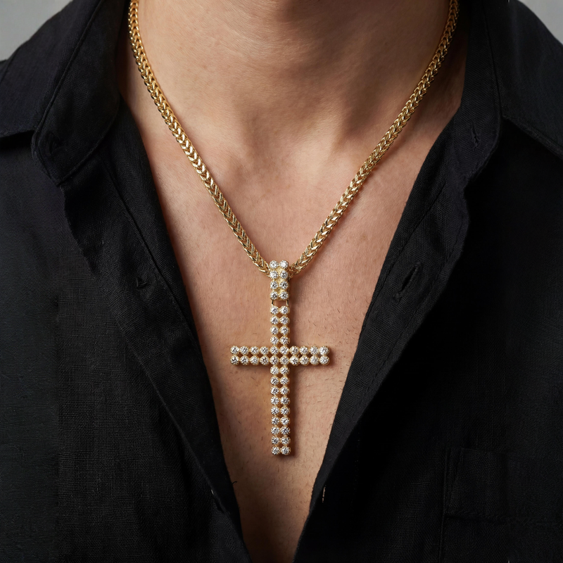 Double Row Diamond Cross Pendant 71300 - gold diamond cross pendant on chain necklace worn by model on black shirt background