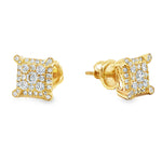 Square cluster diamond stud earrings in yellow gold with a sparkling multi-stone design.