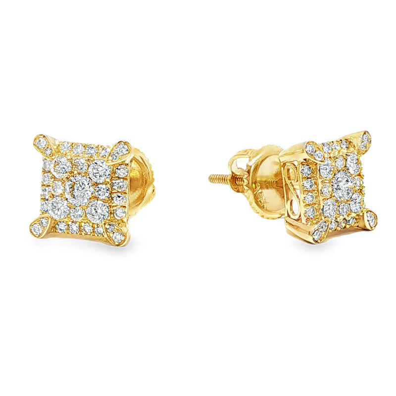 Square cluster diamond stud earrings in yellow gold with a sparkling multi-stone design.