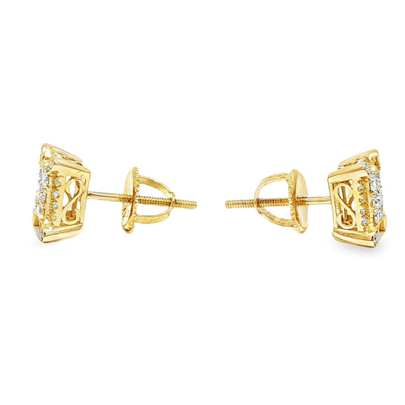 Square cluster diamond stud earrings in yellow gold with a sparkling multi-stone design.