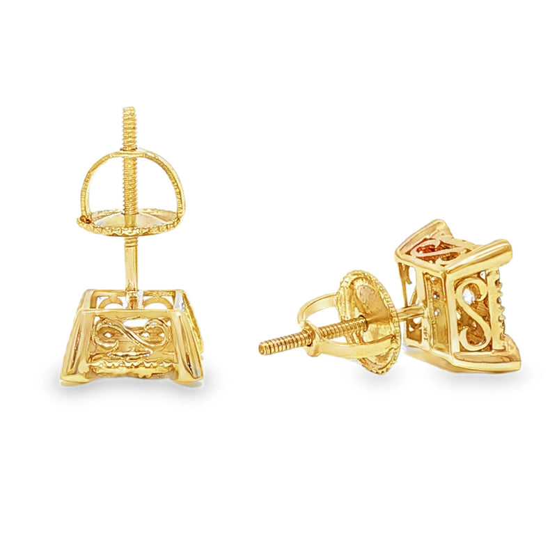 Square cluster diamond stud earrings in yellow gold with a sparkling multi-stone design.
