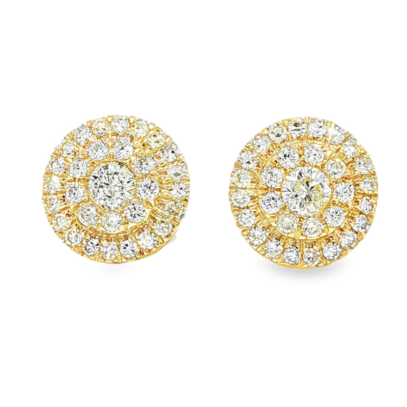 Yellow gold classic round cluster diamond earrings with multiple sparkling diamonds.