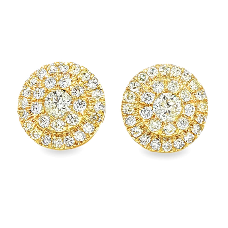 Yellow gold classic round cluster diamond earrings with multiple sparkling diamonds.