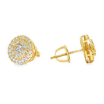 Yellow gold classic round cluster diamond earrings with multiple sparkling diamonds.