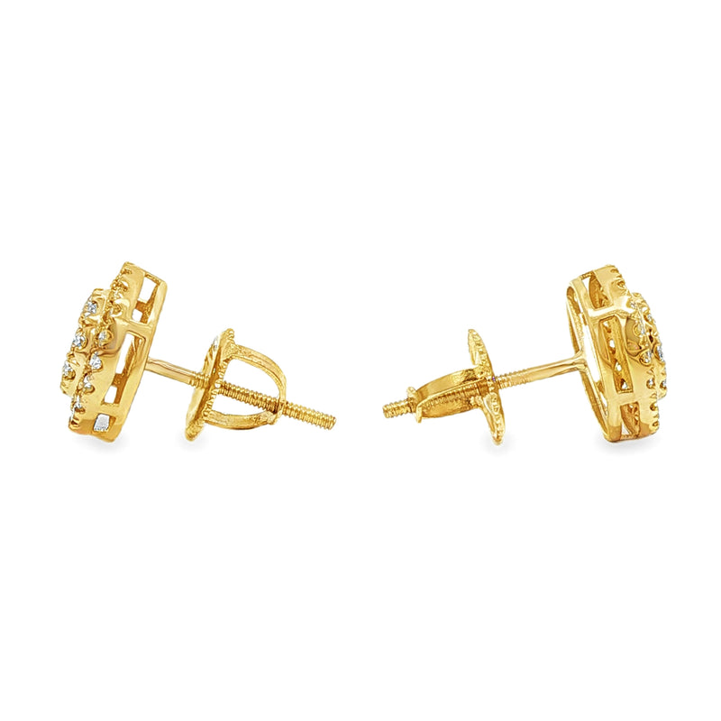 Yellow gold classic round cluster diamond earrings with multiple sparkling diamonds.