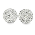 Yellow gold classic round cluster diamond earrings with multiple sparkling diamonds.