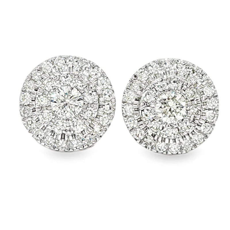 Yellow gold classic round cluster diamond earrings with multiple sparkling diamonds.