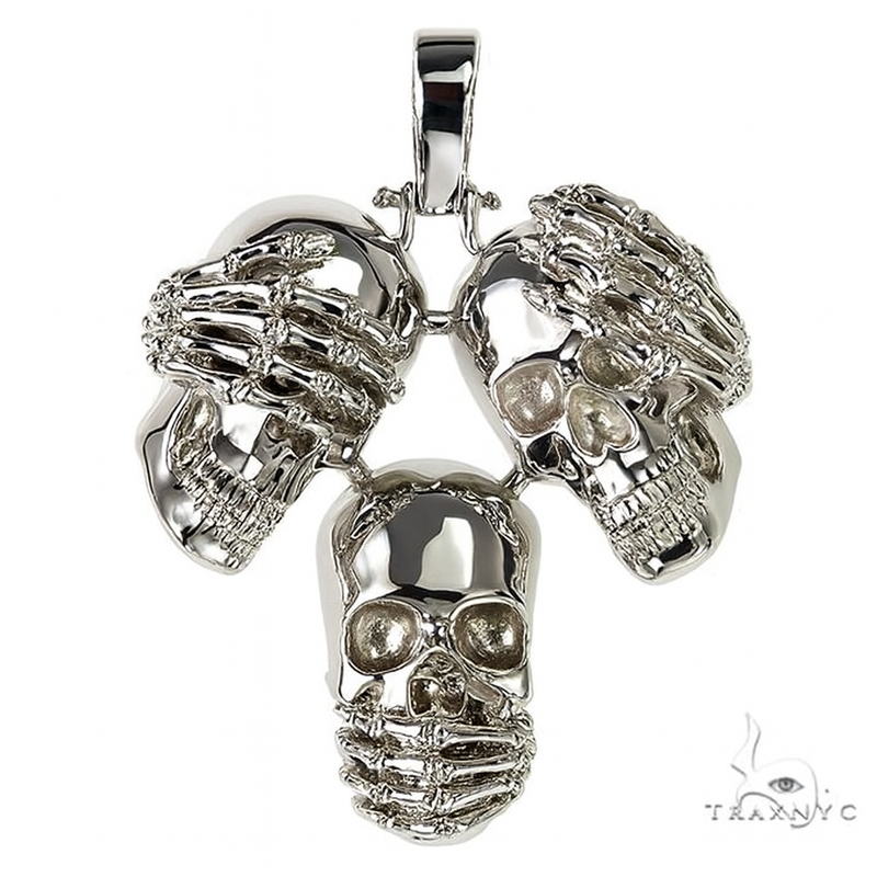 .925 Silver See No Evil, Hear No Evil, Speak No Evil Skull Glossy Pendant 70971