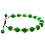 Adjustable men's bracelet with green agate and textured gold beads on black cord.