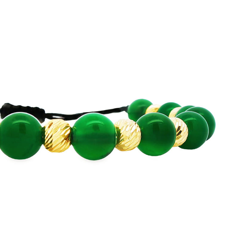 Adjustable men's bracelet with green agate and textured gold beads on black cord.