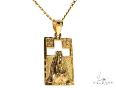 10K Gold Praying Hands Worship Charm 24 Inches Cuban Link Chain Set 61821