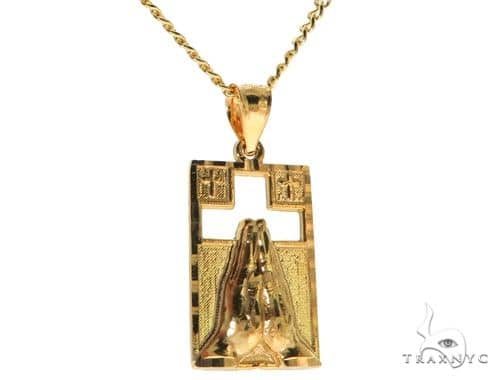 10K Gold Praying Hands Worship Charm 24 Inches Cuban Link Chain Set 61821
