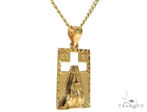 10K Gold Praying Hands Worship Charm 24 Inches Cuban Link Chain Set 61821
