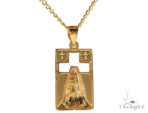 10K Gold Praying Hands Worship Charm 24 Inches Cuban Link Chain Set, view 3