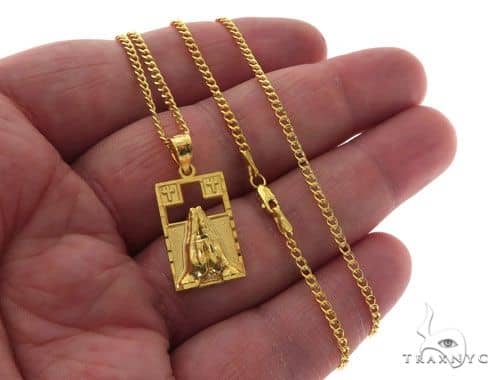 10K Gold Praying Hands Worship Charm 24 Inches Cuban Link Chain Set 61821