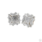 White 10K gold men's diamond cluster earrings with prong-set round cut stones.